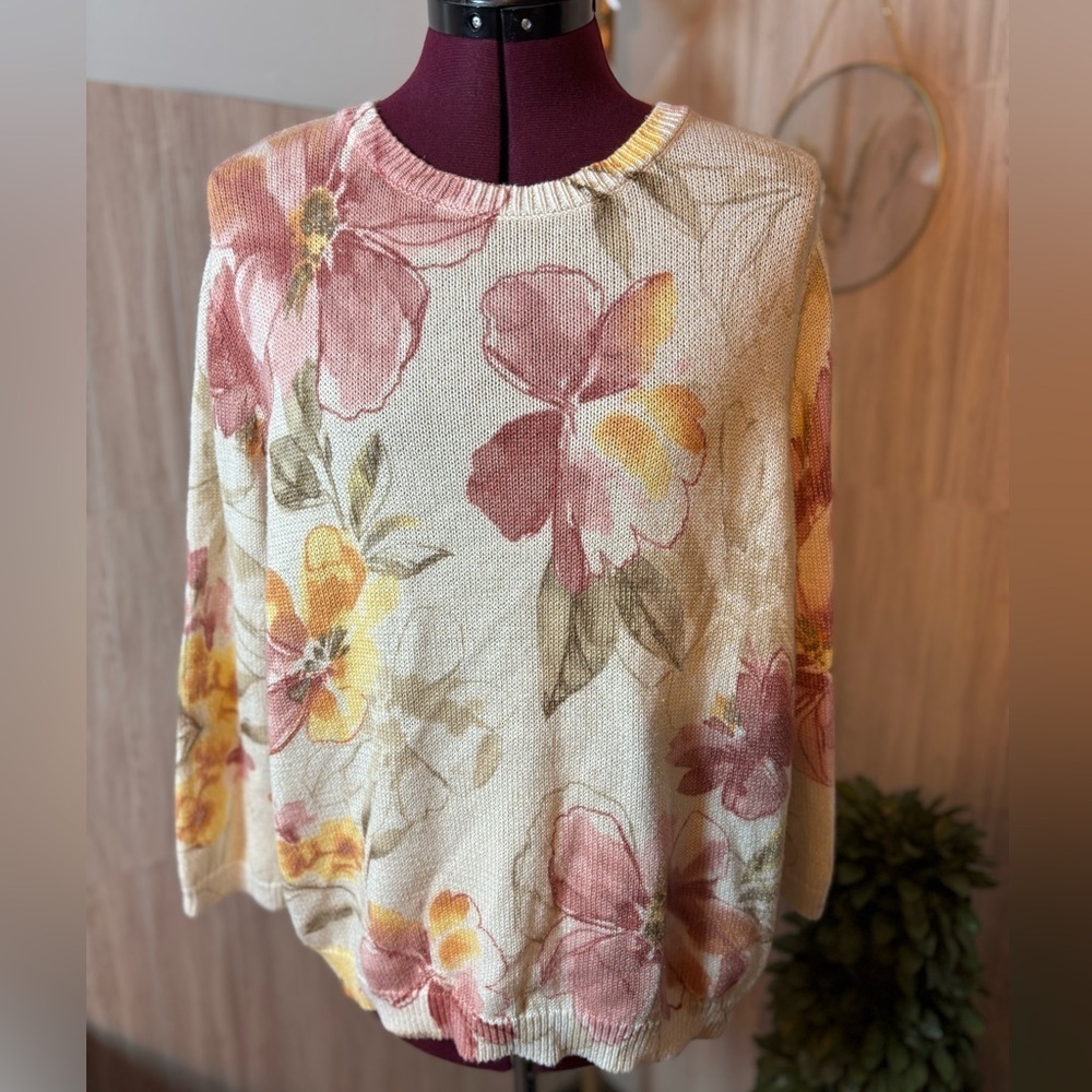 Alfred Dunner Coming Up Roses Cream Yellow and Pink Knit Sweater